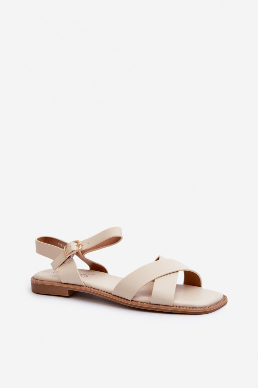 Platte sandalen voor dames gemaakt van ecoleer S.Barski KV27-003 beige kleur Platte sandalen voor dames gemaakt van ecoleer S.Barski KV27-003 beige kleur