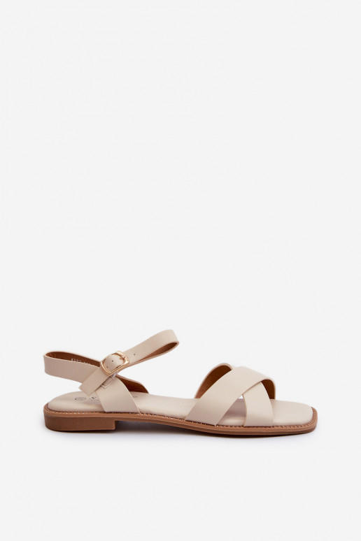 Platte sandalen voor dames gemaakt van ecoleer S.Barski KV27-003 beige kleur Platte sandalen voor dames gemaakt van ecoleer S.Barski KV27-003 beige kleur