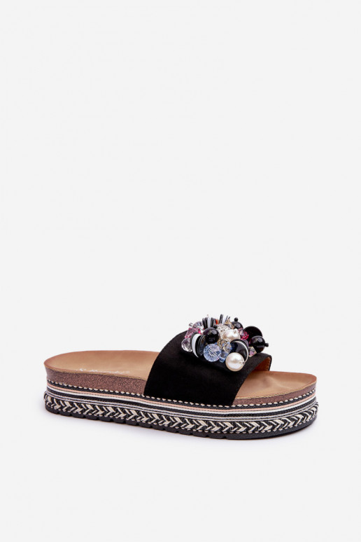 Tongs pour femmes à plateforme avec de beaux détails S.Barski HY077 couleur noir
