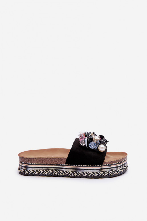 Damen-Flip-Flops mit Plateau und schönen Details S.Barski HY077 in schwarzer Farbe