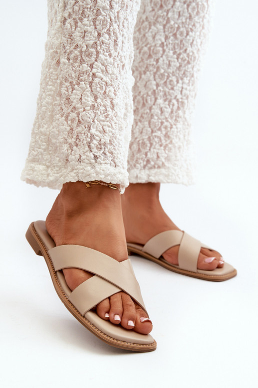 Damenhausschuhe mit breitem Absatz aus Öko-Leder S.Barski KV27-002 beige