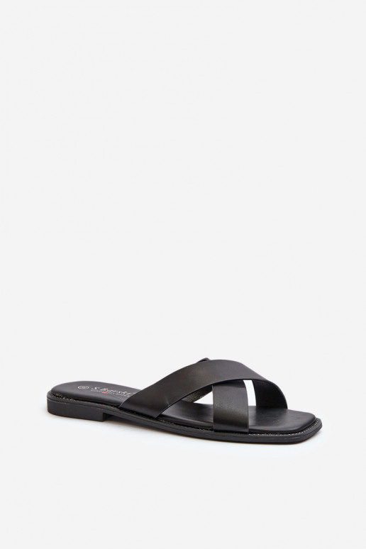 Damesslippers met brede hakken gemaakt van ecoleer S.Barski KV27-002 zwarte kleur Damesslippers met brede hakken gemaakt van ecoleer S.Barski KV27-002 zwarte kleur