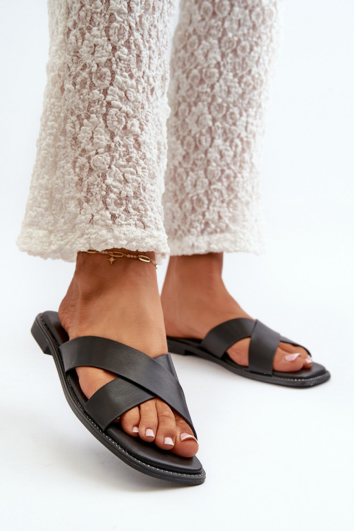 Damesslippers met brede hakken gemaakt van ecoleer S.Barski KV27-002 zwarte kleur Damesslippers met brede hakken gemaakt van ecoleer S.Barski KV27-002 zwarte kleur