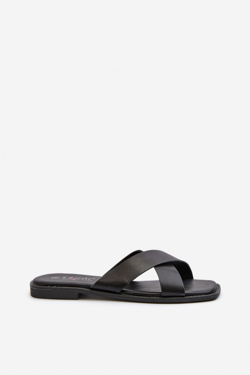 Chaussons pour femmes à talons larges en cuir écologique S.Barski KV27-002 couleur noir
