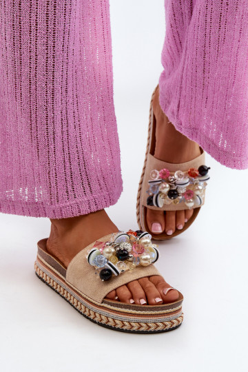 Damen-Flip-Flops mit Plateau und schönen Details S.Barski HY077 beige 2