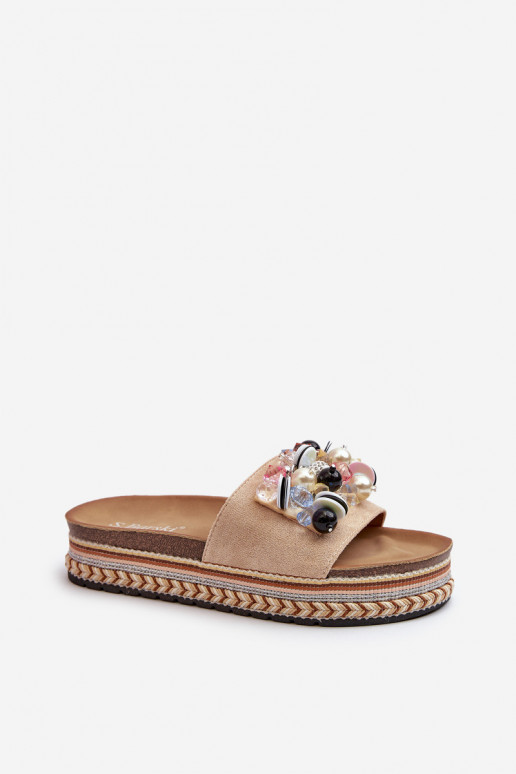 Damesslippers met plateau met mooie details S.Barski HY077 beige