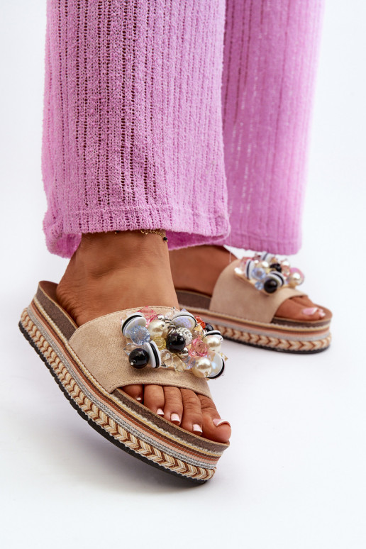Damen-Flip-Flops mit Plateau und schönen Details S.Barski HY077 beige