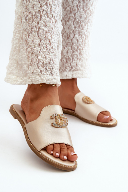 Damen-Hausschuhe im eleganten Stil mit Glitzer und Ornamenten S.Barski KV27-050 in Goldfarbe