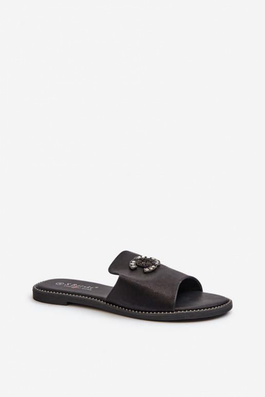 Elegante stijl Damespantoffels met glans met ornamenten S.Barski KV27-050 zwarte kleur Elegante stijl Damespantoffels met glans met ornamenten S.Barski KV27-050 zwarte kleur