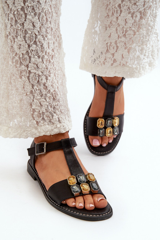 Style élégant Sandales pour femmes Avec détails ornés S.Barski KV27-030 couleur noire