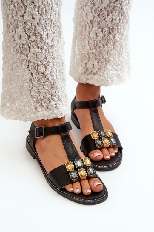 Style élégant Sandales pour femmes Avec détails ornés S.Barski KV27-030 couleur noire