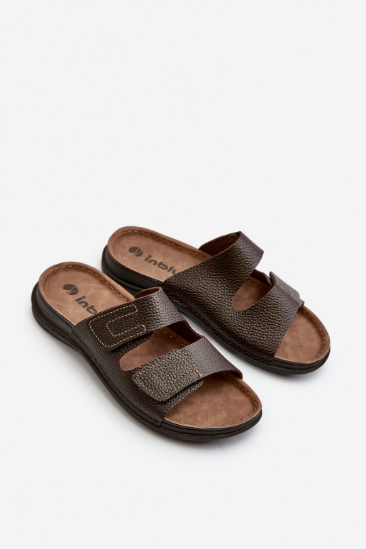 Chaussons Confortables Homme Avec Rayures Avec Velcro Inblu GV00002I Marron Foncé