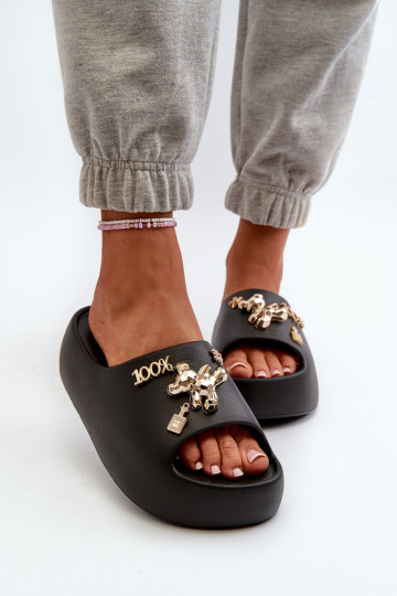 Damenhausschuhe Lengwa Leichte Hausschuhe mit schönen Details in der schwarzen Farbe Orchia