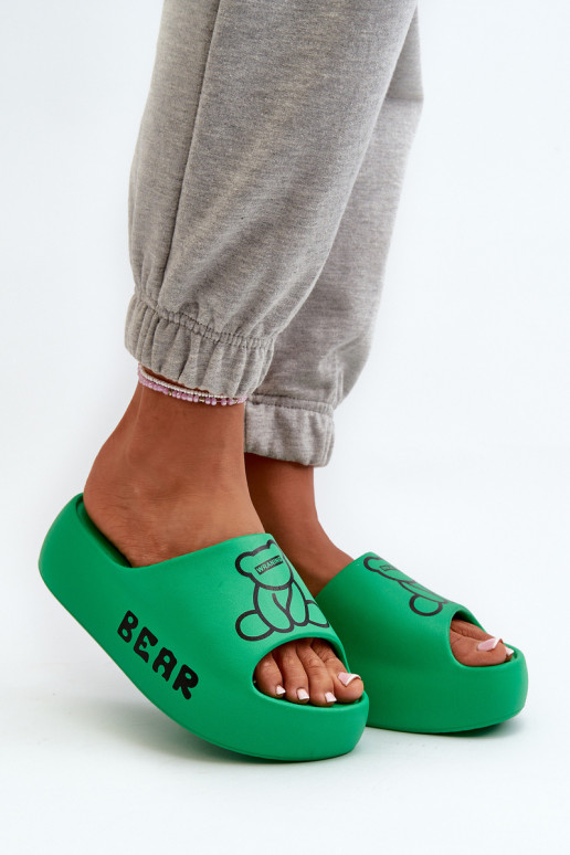 Pantoufles légères pour femmes, pantoufles à semelles massives à la mode avec ours en peluche, couleur verte Lamira