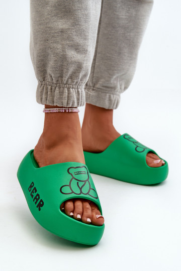 Pantoufles légères pour femmes, pantoufles à semelles massives à la mode avec ours en peluche, couleur verte Lamira 2
