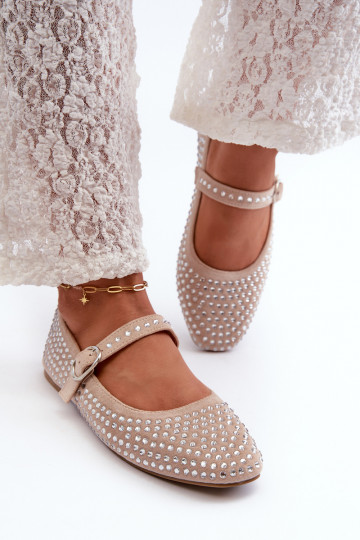 Zandkleurige kunstsuède ballerina's, versierd met Swarovski-kristallen Tinara