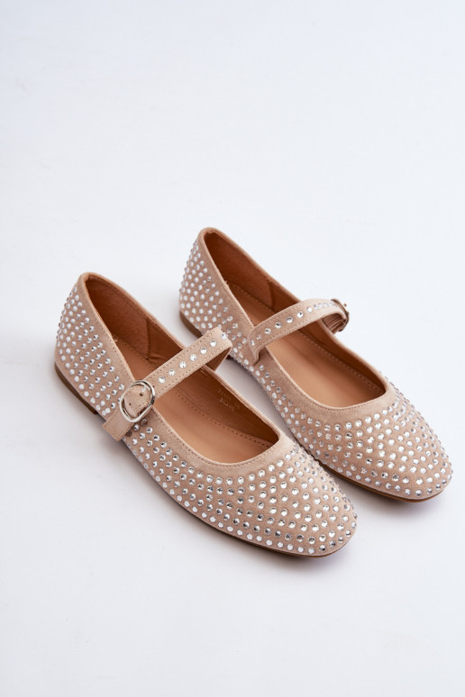 Eco Suède ballerina's in Ozdobione Met strass steentjes beige Tinara
