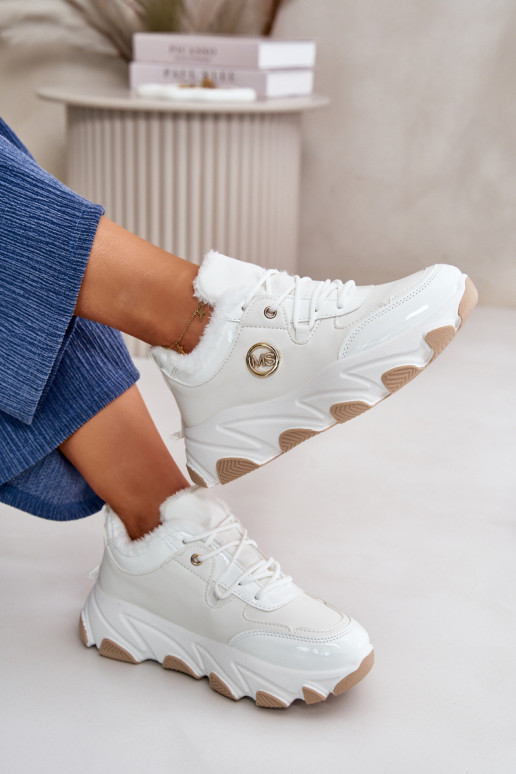 Damessportschoenen met veters verwarmd met een platform in de witte kleur Biaola Damessportschoenen met veters verwarmd met een platform in de witte kleur Biaola
