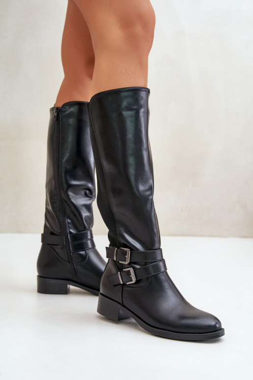 bottes pour femmes Contre la route avec des talons larges avec boucles couleur noire Lotina bottes pour femmes Contre la route avec des talons larges avec boucles couleur noire Lotina