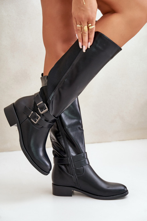 bottes pour femmes Contre la route avec des talons larges avec boucles couleur noire Lotina bottes pour femmes Contre la route avec des talons larges avec boucles couleur noire Lotina