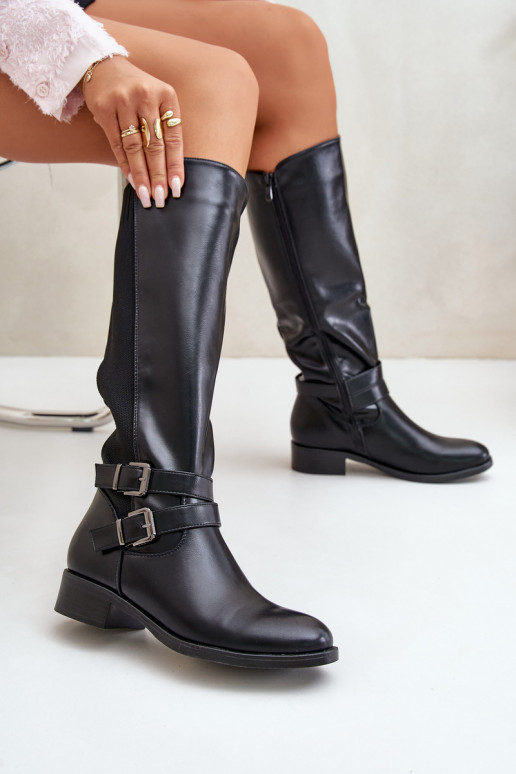 bottes pour femmes Contre la route avec des talons larges avec boucles couleur noire Lotina bottes pour femmes Contre la route avec des talons larges avec boucles couleur noire Lotina