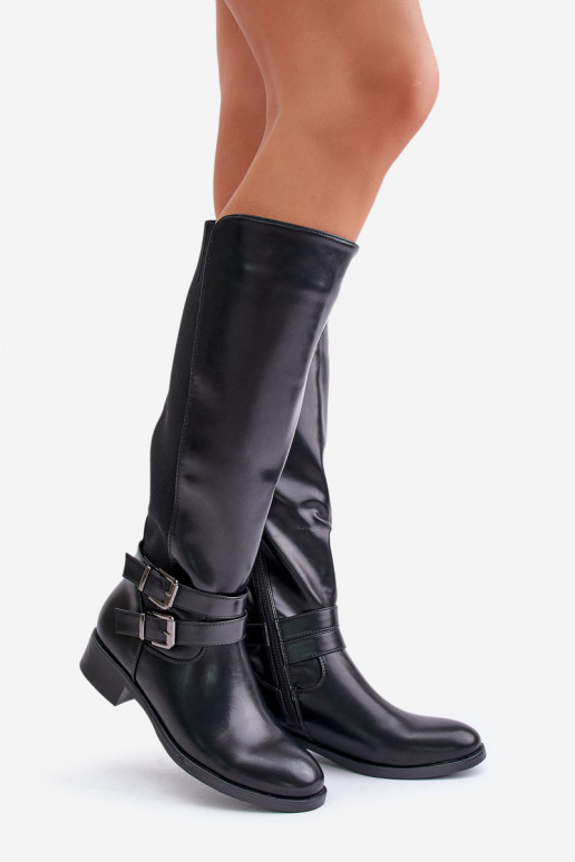 bottes pour femmes Contre la route avec des talons larges avec boucles couleur noire Lotina bottes pour femmes Contre la route avec des talons larges avec boucles couleur noire Lotina