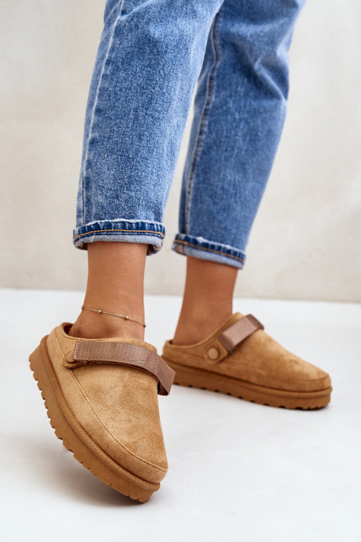 Dames Slippers opInarmen met bont erin met platform bruine kleur Azida