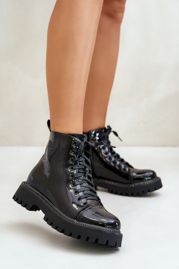 avec effet vernis Bottes pour femmes Au Château Avec des décorations avec des coeursm couleur noire Obeena