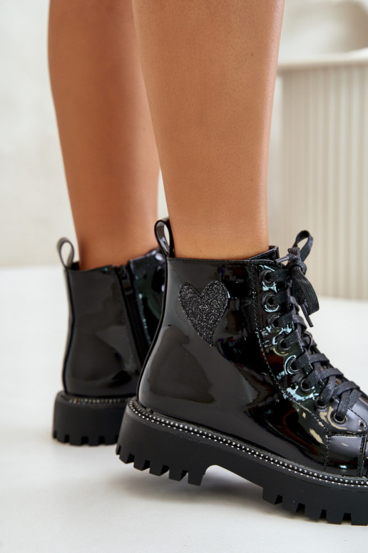 avec effet vernis Bottes pour femmes Au Château Avec des décorations avec des coeursm couleur noire Obeena