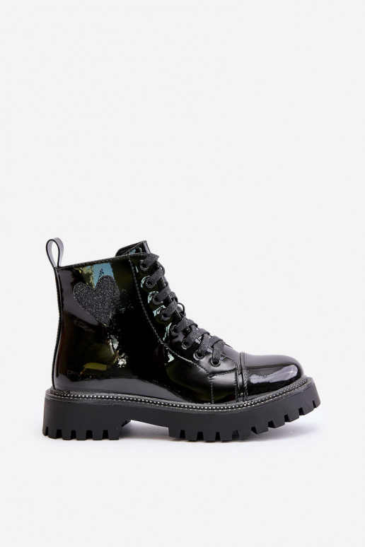 avec effet vernis Bottes pour femmes Au Château Avec des décorations avec des coeursm couleur noire Obeena