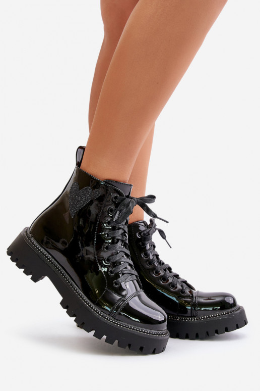 avec effet vernis Bottes pour femmes Au Château Avec des décorations avec des coeursm couleur noire Obeena