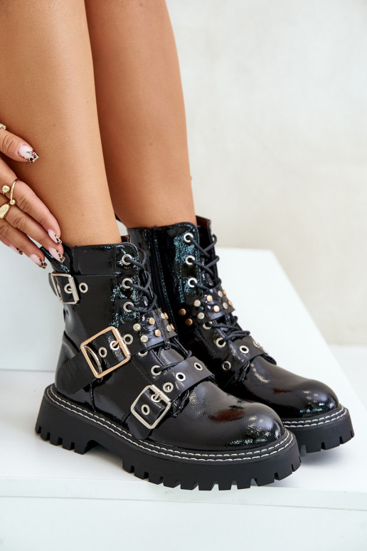 avec effet vernis Bottines de travail avec boucles couleur noire Serizia avec effet vernis Bottines de travail avec boucles couleur noire Serizia