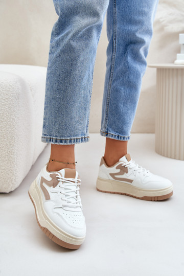 Chaussures modèle Sneakers pour femme en cuir écologique avec plateforme de couleur Blanc-sable Henizore