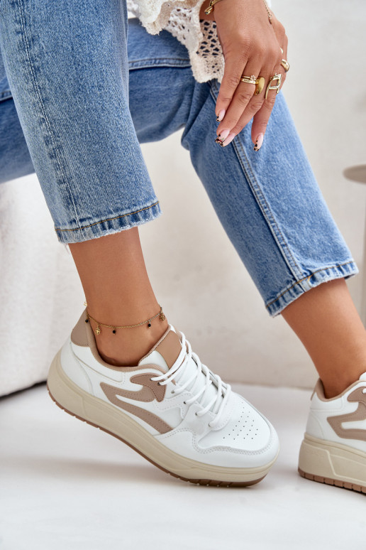 Féminin Chaussures modèle baskets en cuir écologique avec une plateforme Blanc-beige Henizore Féminin Chaussures modèle baskets en cuir écologique avec une plateforme Blanc-beige Henizore