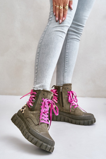 Bottes pour femmes avec une plateforme Avec des décorations Laçagem avec des motifs en fourrure de léopard couleur verte Edidda 2