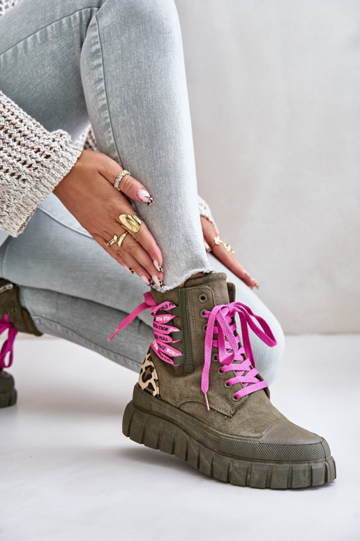 Dameslaarzen met platform Met sierlijk Vetersluitingm met luipaardbontpatronen groene kleur Edidda