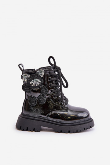 sich Zuarm laufen Stiefel Kindisch Mit Bär Zum Schloss mit Lackeffekt schZuarze Farbe Relobia 2