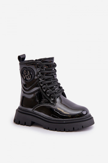 avec effet vernis Bottes Puéril réchauffer avec de la fourrure à l intérieur Au Château couleur noire Evaliraea