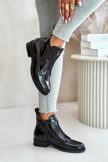 avec effet vernis chaussures à talons bas pour femmes avec des talons larges réchauffer couleur noire S.Barski HY42-120 couleur