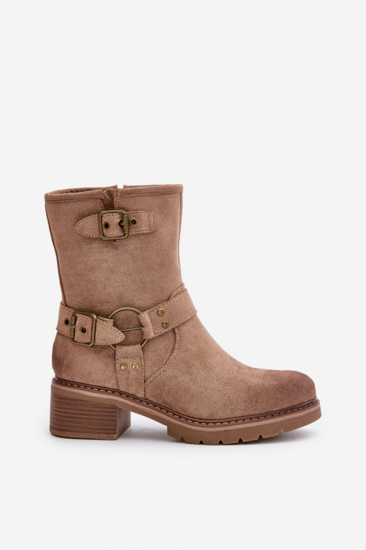 Bottes pour femmes Sur un talon bas avec boucles beige Zudra