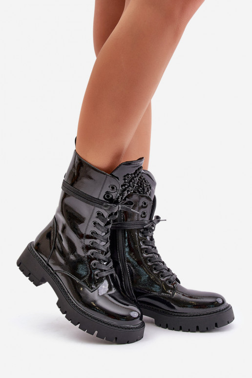 avec effet vernis réchauffer Bottines de travail avec des ornements couleur noire Kelilea avec effet vernis réchauffer Bottines de travail avec des ornements couleur noire Kelilea