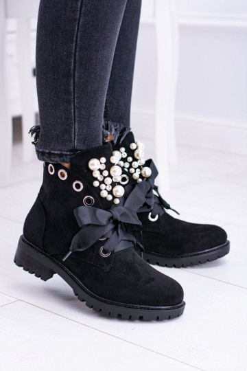 en daim réchauffer Bottes avec perles artificielles et ruban couleur noire Perla