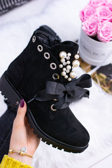 en daim réchauffer Bottes avec perles artificielles et ruban couleur noire Perla 2