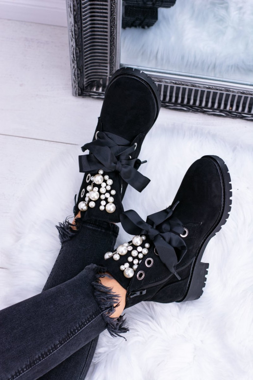 aus INildleder sich Zuarm laufen Stiefel mit Kunstperlen und Band schZuarze Farbe Perla