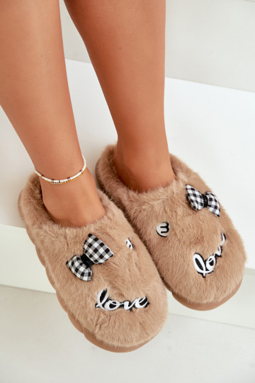 met bont Slippers Dames met toepassingen I Kokardką bruine kleur Linnorelia