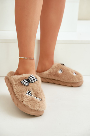 met bont Slippers Dames met toepassingen I Kokardką bruine kleur Linnorelia 2