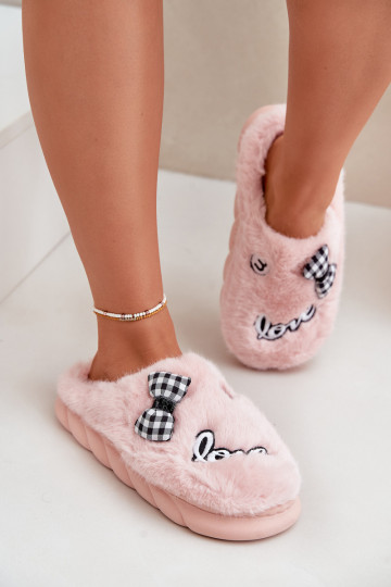 met bont Slippers Dames met toepassingen I Kokardką roze Linnorelia