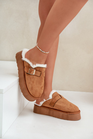 Slippers Dames Op dikke zool met bont I met gespen bruine kleur Linneola