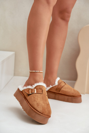 Slippers Dames Op dikke zool met bont I met gespen bruine kleur Linneola 2