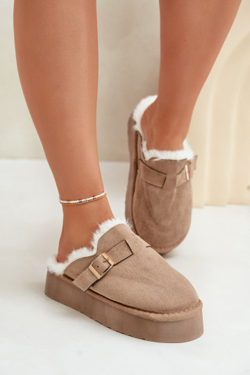 Slippers Dames Op dikke zool met bont I met gespen beige Linneola